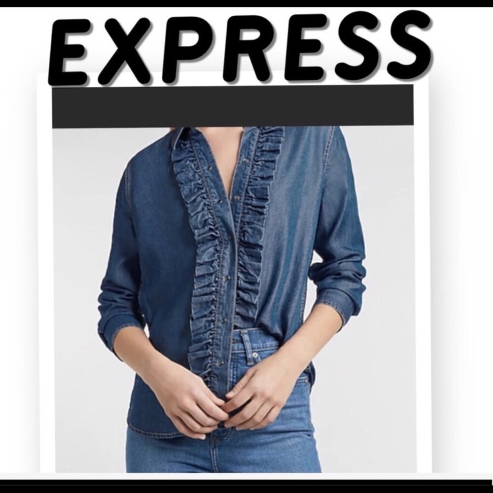 Express Extremely Soft Jean Ruffled Blouse. Brand New Never Worn Snap Buttons - Picture 2 of 9